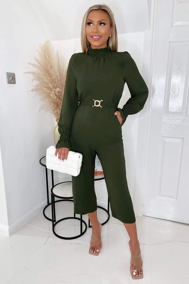 Benita Olive Green Belted Pocket Jumpsuit