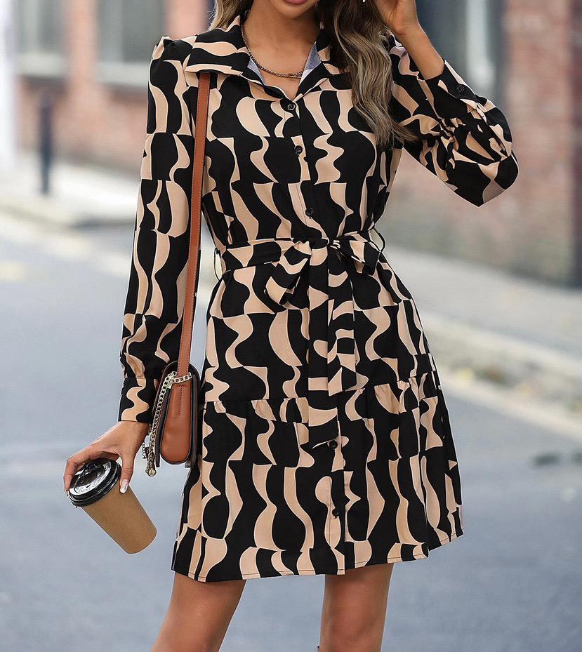 Georgia Black and Camel Geo Print Button Dress - Koko Rose Boutique