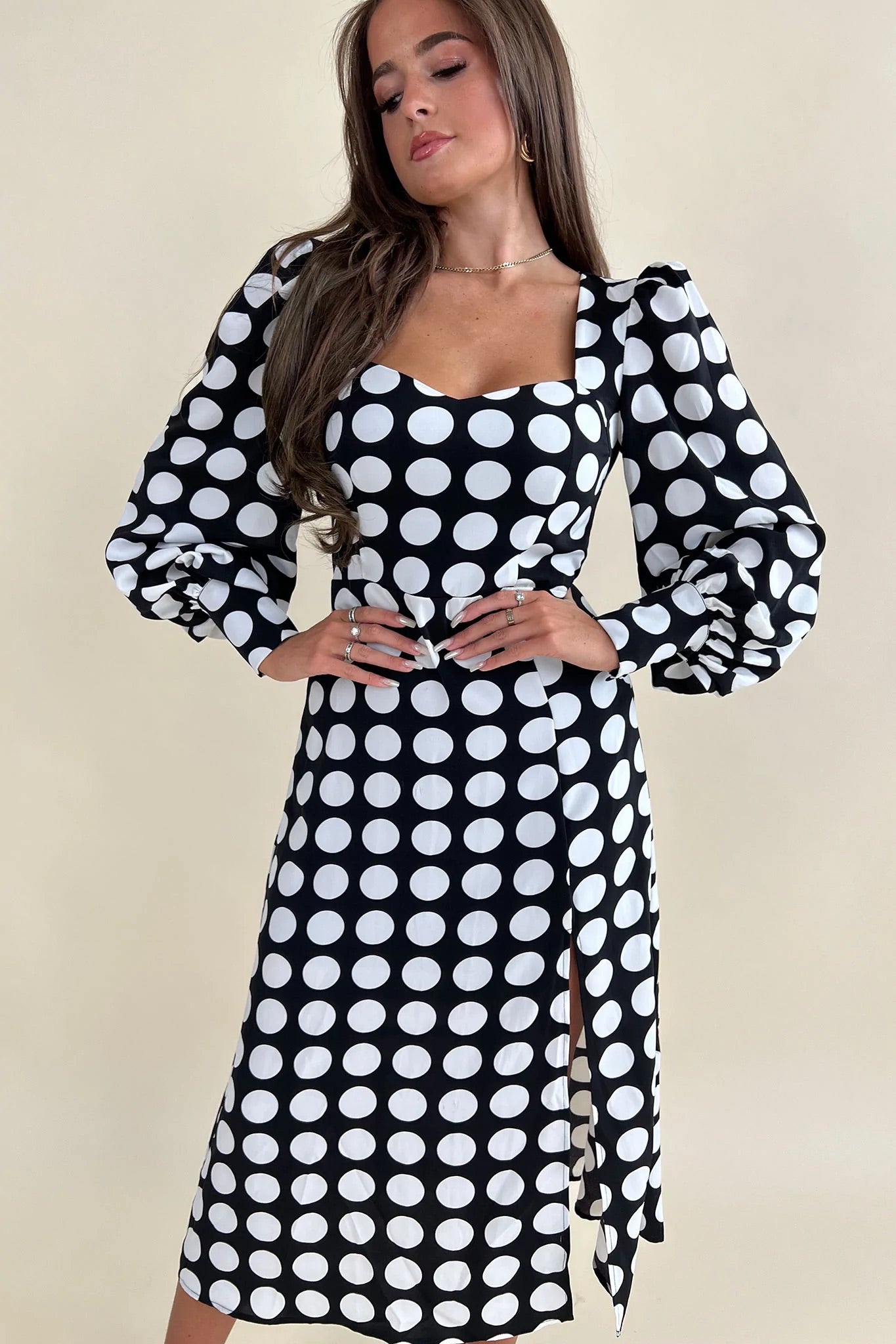 Karl Polka Dot Sweetheart Long Sleeve Midi Dress