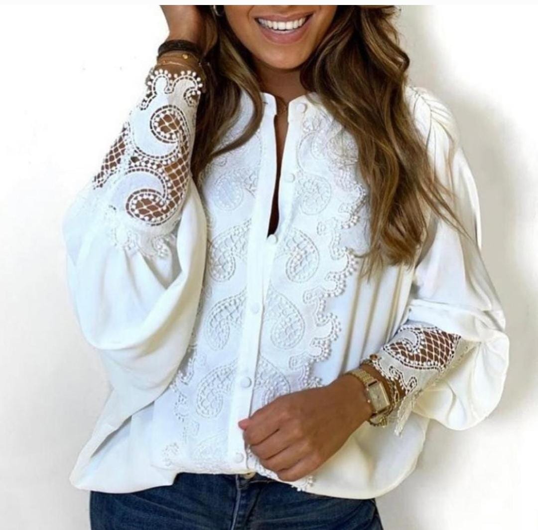 Zara White Crochet Lace Button Front Shirt