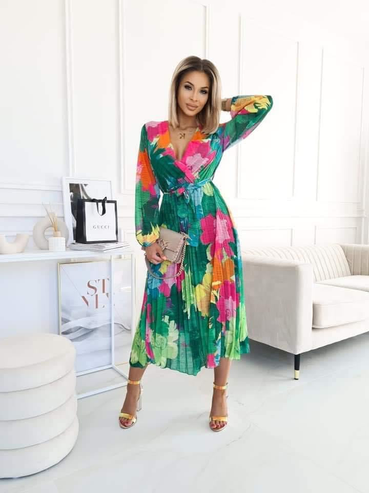 Jordie Green Floral Print Belted Midi Dress