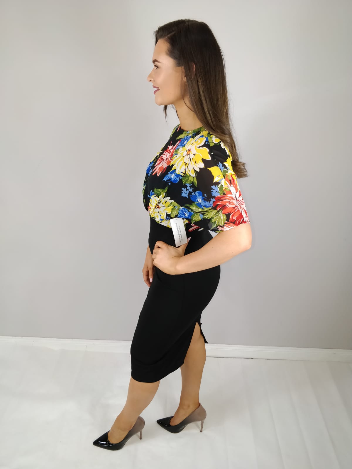 Riya Black Floral Print Batwing Midi Dress