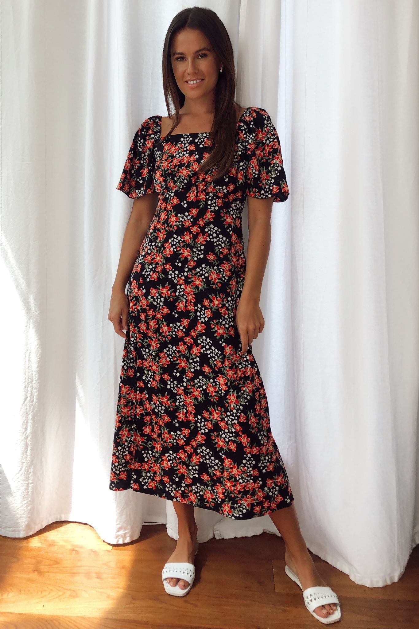 Amy Red Floral Print Angel Sleeve Midi Dress