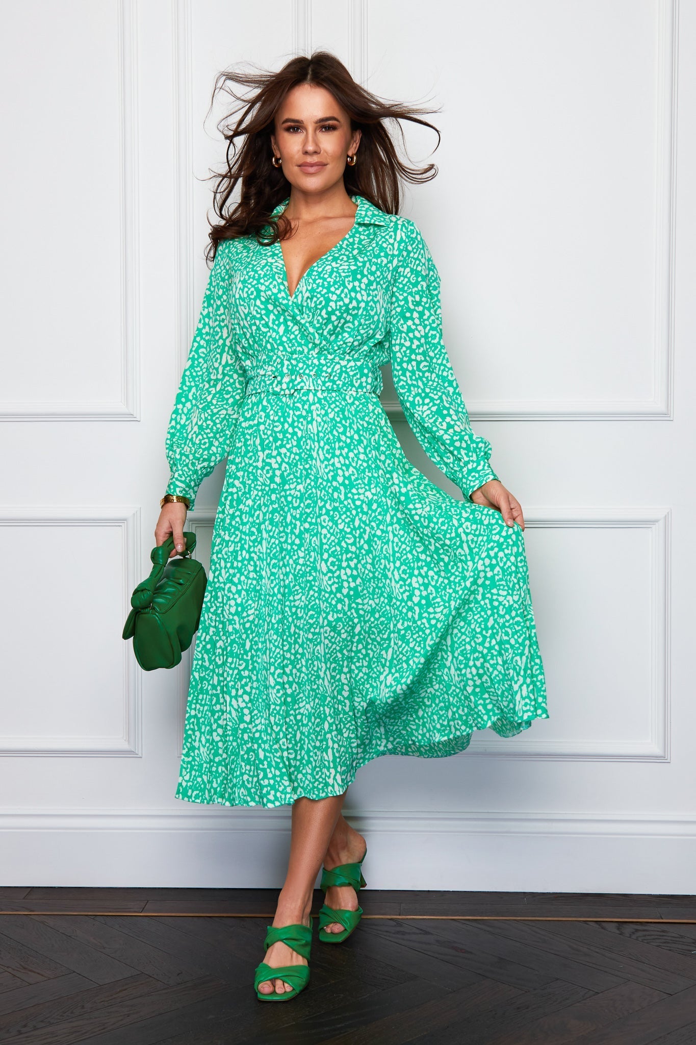 Heidi Green Pleated Skirt Belted Midi Dress