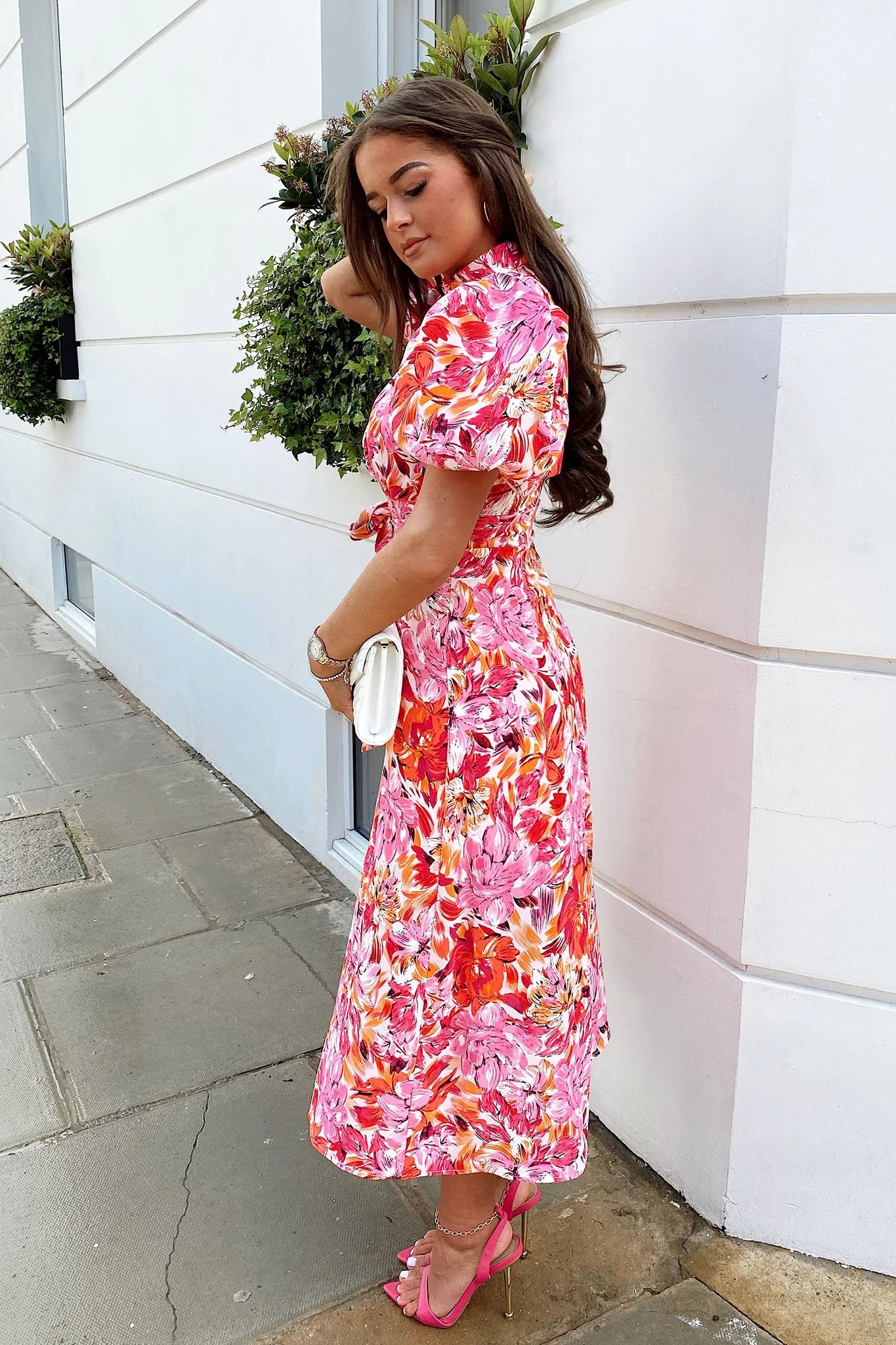 Lilly Pink and Orange Floral Print Puff Sleeve Midi Dress