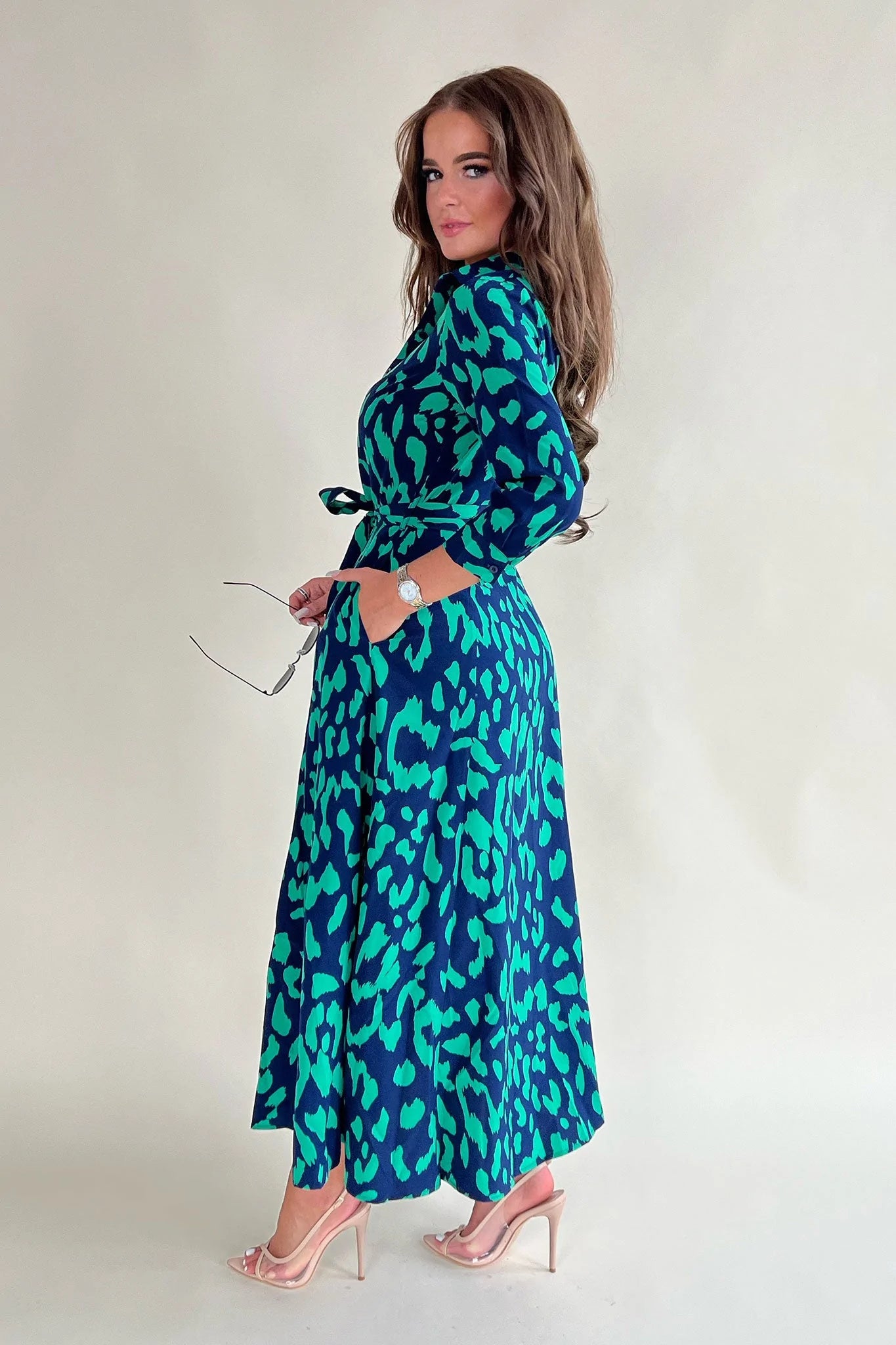 Breanna Navy Green Print Shirt Pocket Maxi Dress