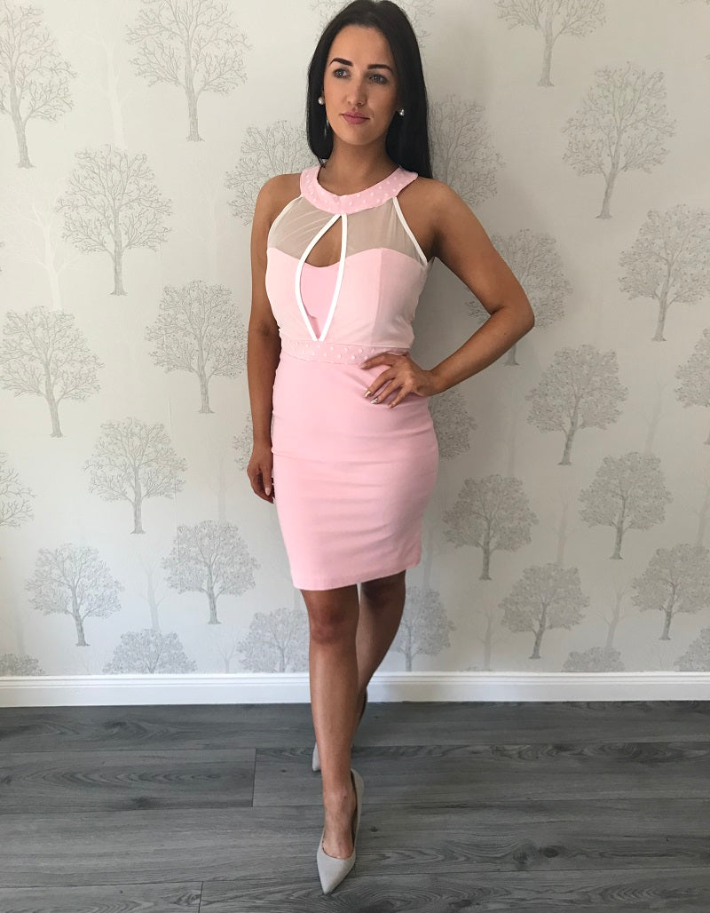 Soft Pink High Neck Mesh Style Knee Length Dress