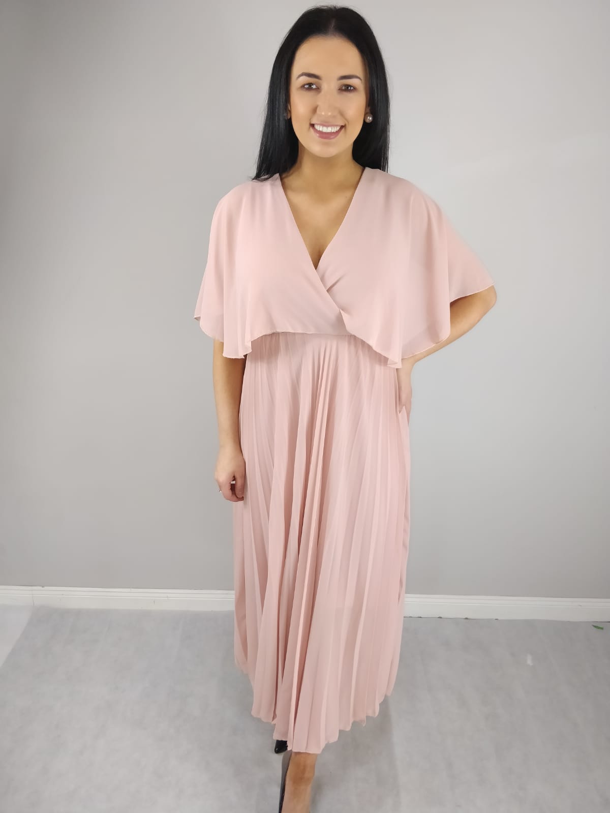 Yasmin Soft Pink Angel Sleeve Pleated Skirt Dress