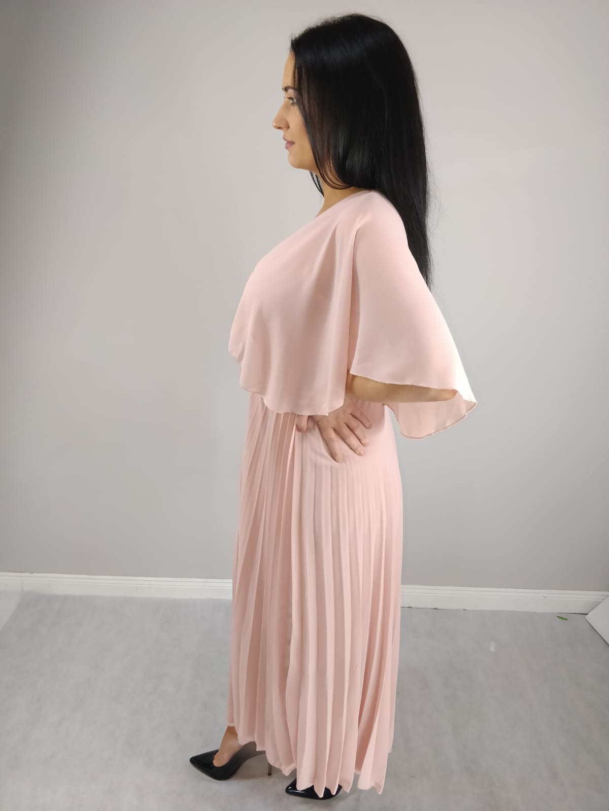 Yasmin Soft Pink Angel Sleeve Pleated Skirt Dress