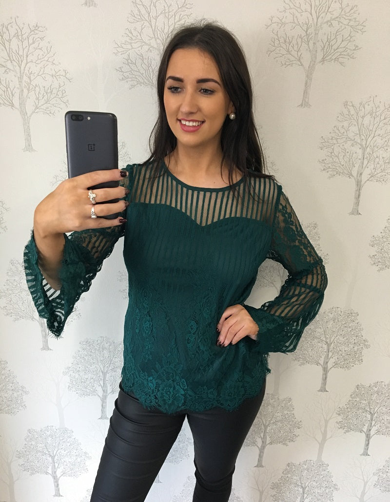 Zoe Teal Lace Blouse With Flared Sleeves