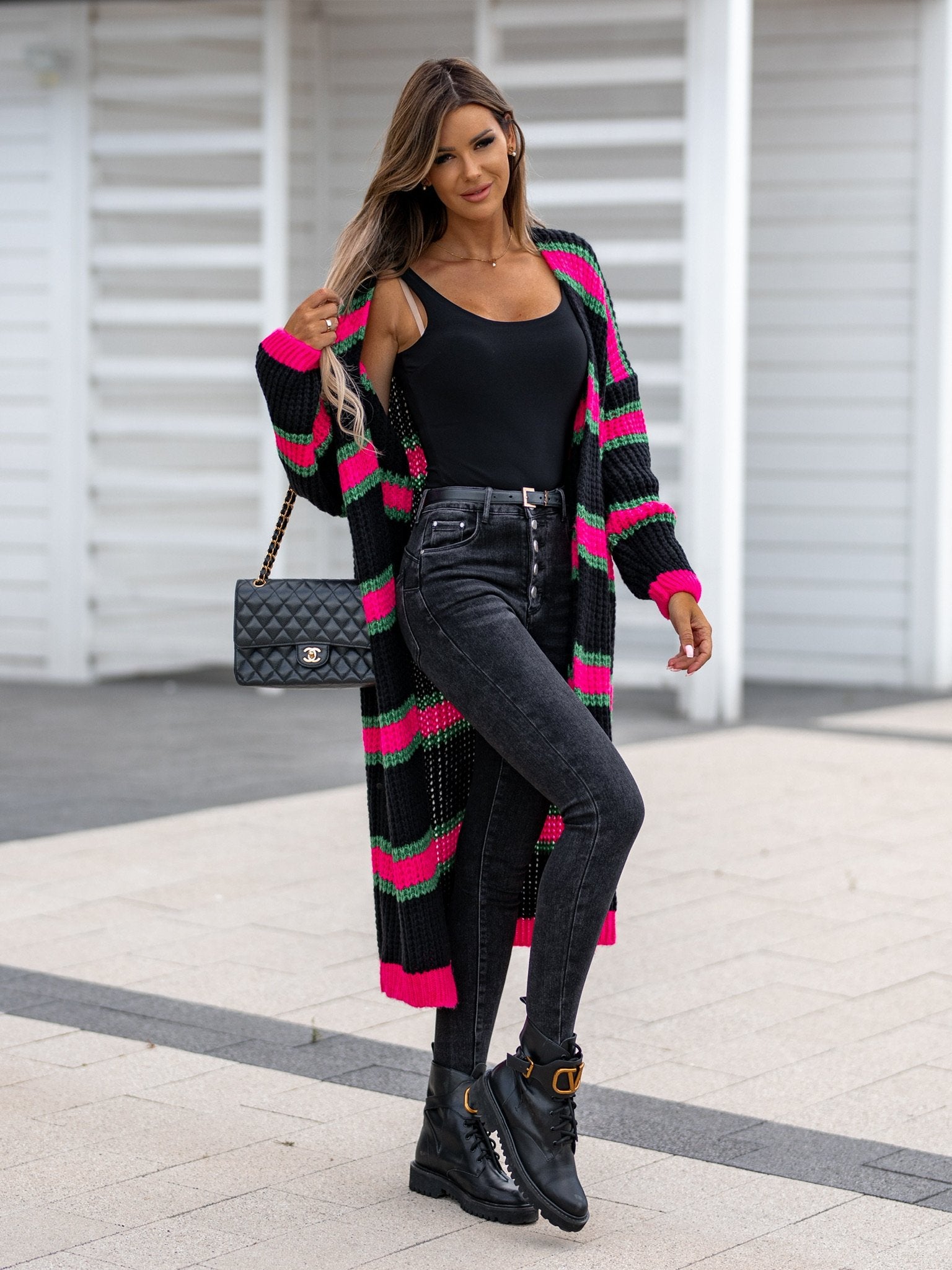 Chloe Black Multi Colour Stripe Longline Cardigan