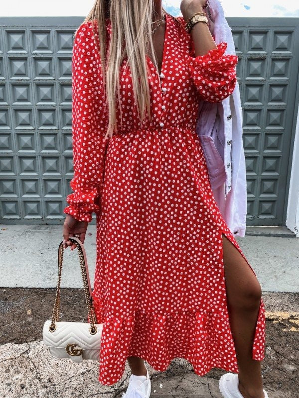 Alyssa Red Floral Print Button Midi Dress