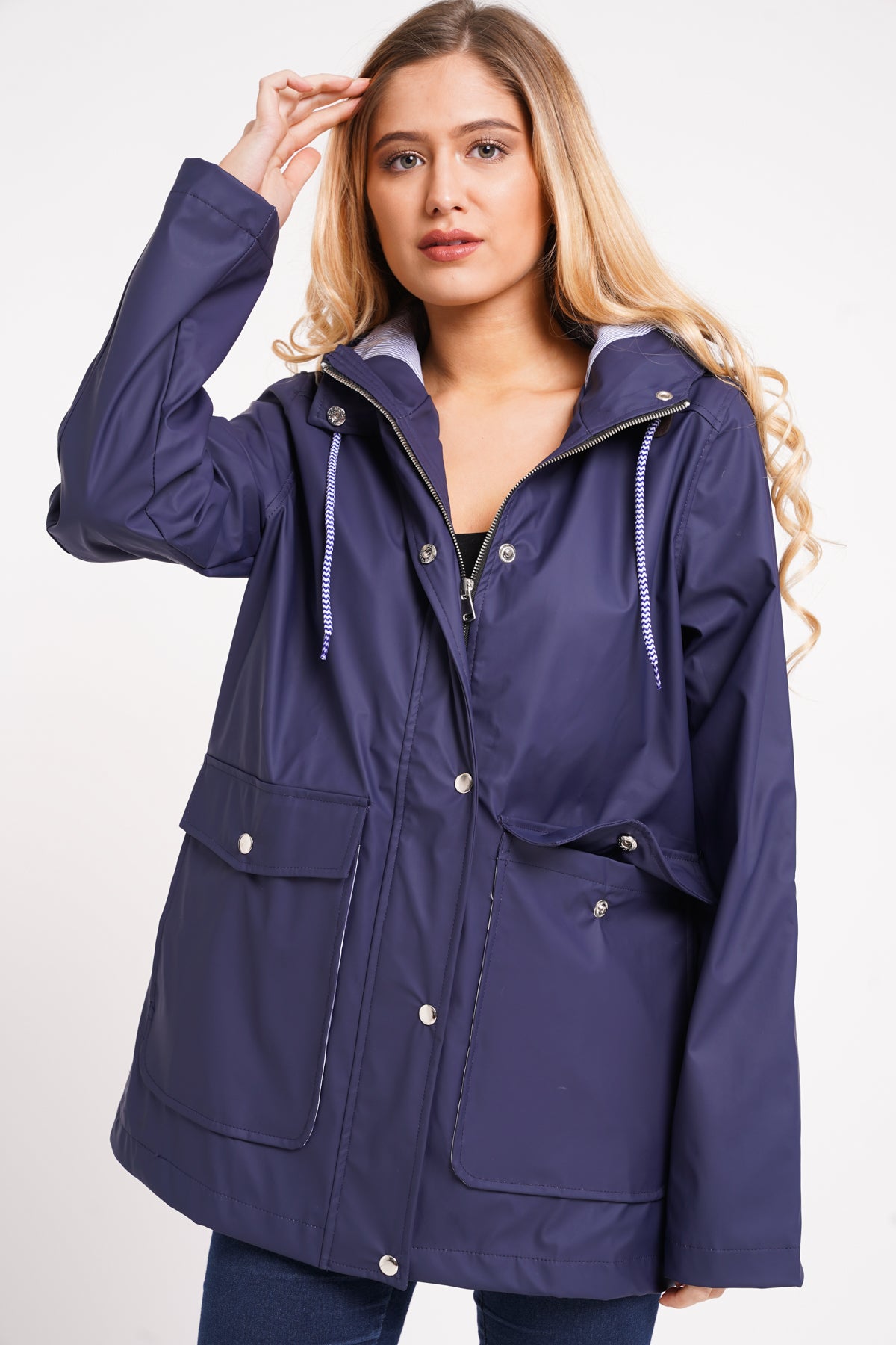 Rosie Navy Striped Lined Rain Coat