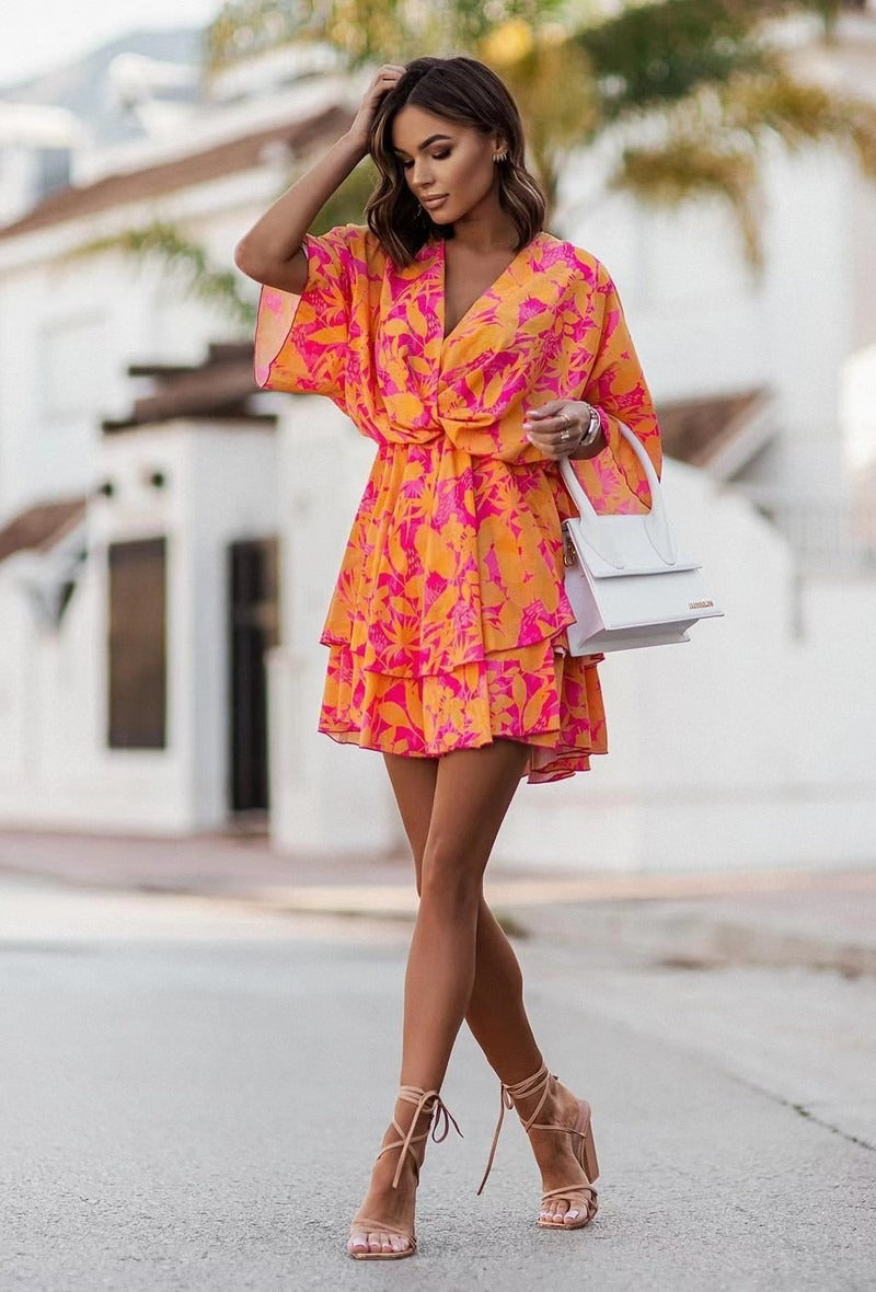 Candice Orange and Pink Batwing Sleeve Dress