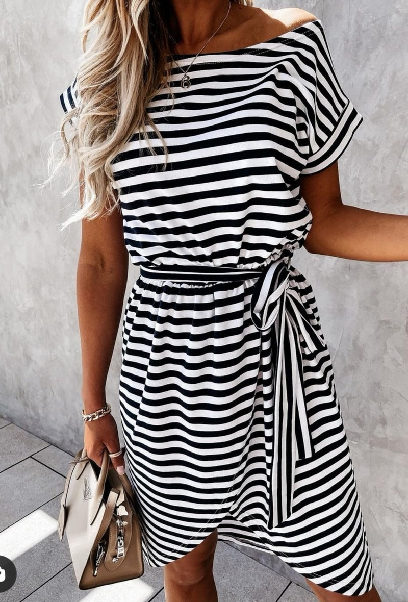 Janice Black and White Stripe Wrap Style Belted Dress
