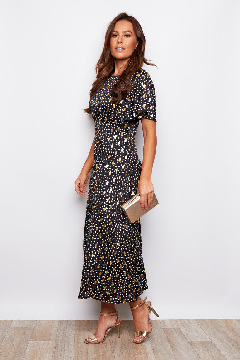 Jojo Black with Gold Foil Print Angel Sleeve Midi Dress