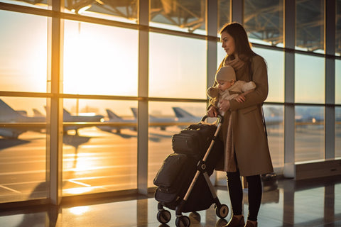 Mother in airport with stroller and a baby