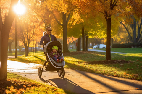 parent jogging with 3-wheel stroller in park