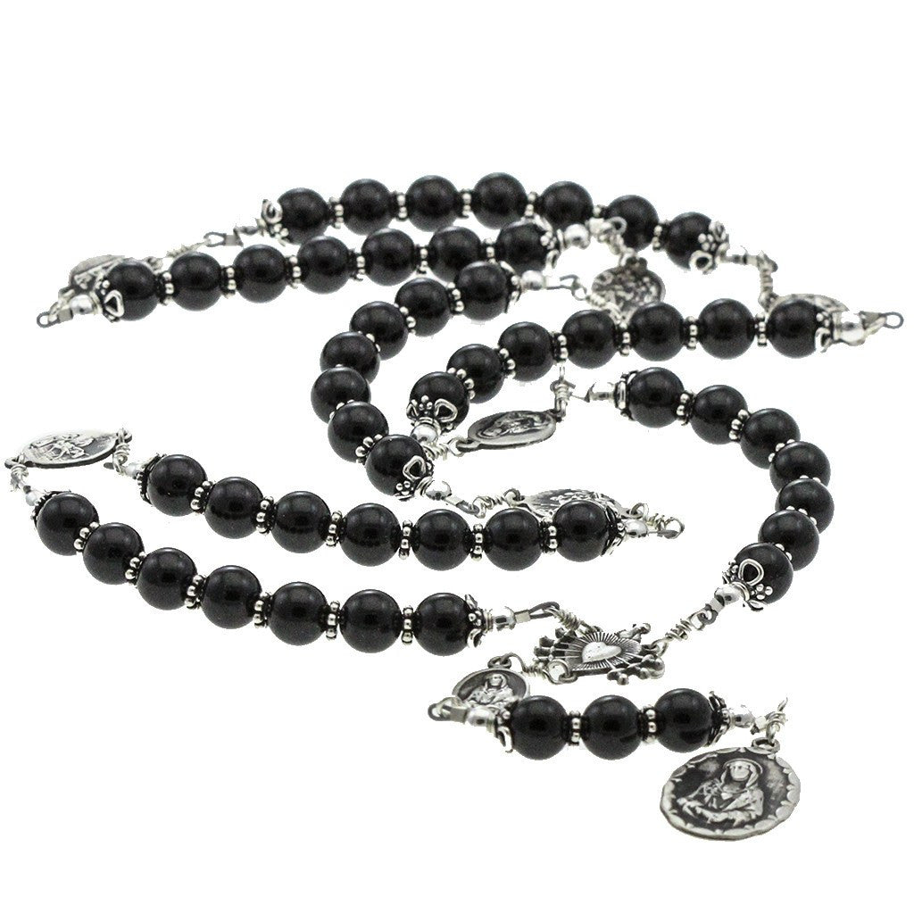 Sterling Silver 7 Sorrows Rosary Onyx 8mm Large 7 Sorrows Medal Set 32" Necklace Prayer beads