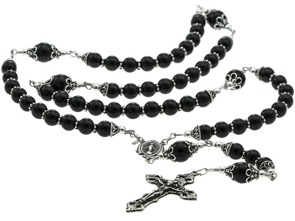 Sterling Silver Rosary Necklace, Black Onyx 8mm, Crucifix & M. Medal, 28" Prayer Beads