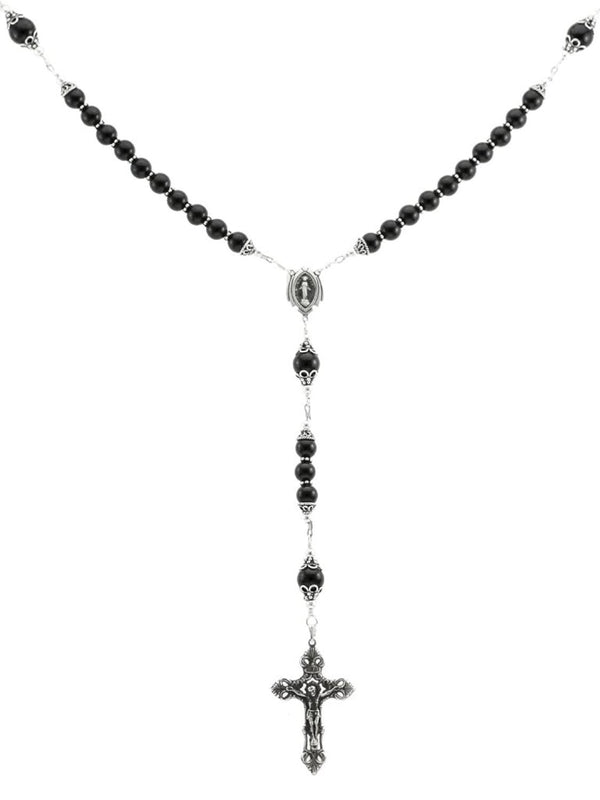 Sterling Silver Rosary Necklace Onyx with Crucifix & Miraculous Medal ...