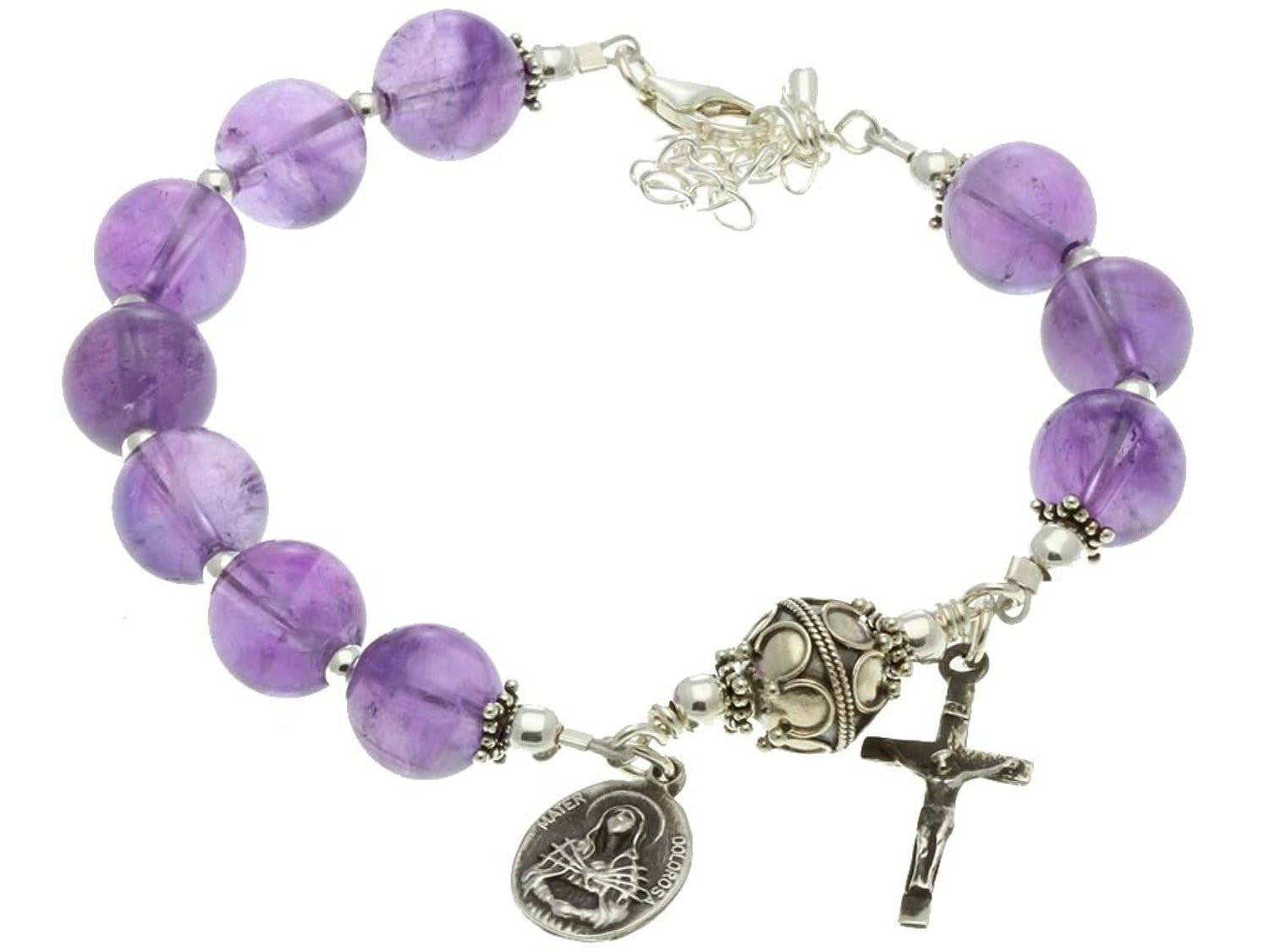 Sterling Silver 7 Sorrows Rosary Bracelet, Amethyst 10mm, Crucifix & Lady of Sorrows Medal