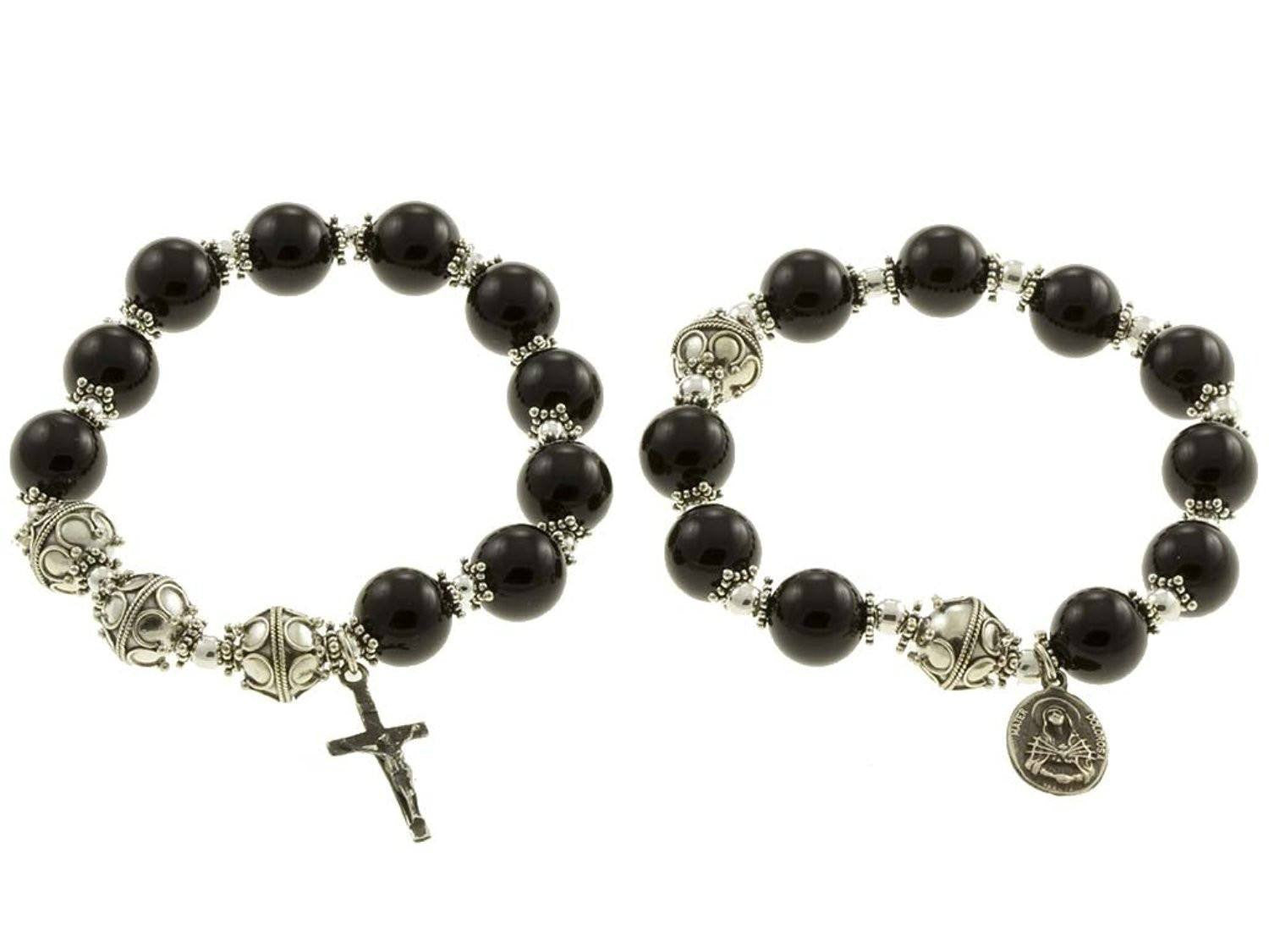 Sterling Silver Double Elastic Rosary Bracelet Onyx 10mm, 7 Sorrows Rosary and Trinity