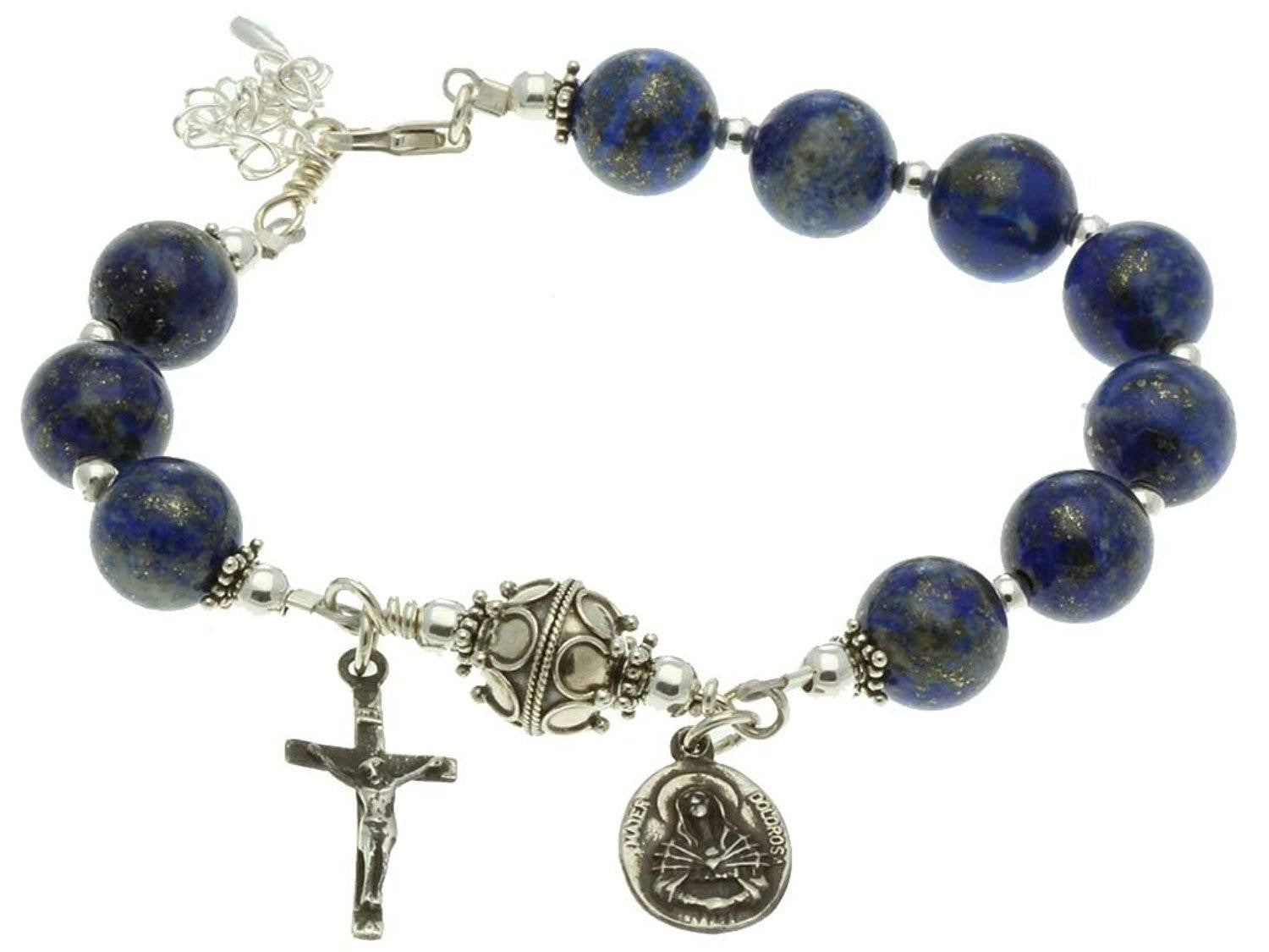 Sterling Silver 7 Sorrows Rosary Bracelet, Lapis Lazuli 10mm, Crucifix & Lady of Sorrows Medal