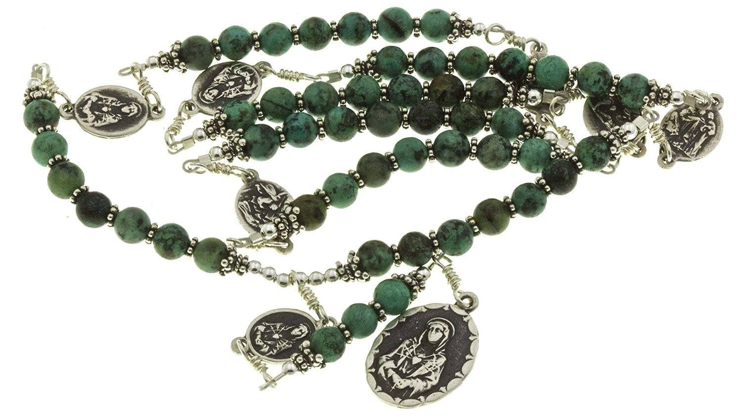 Sterling Silver 7 Sorrows Rosary Necklace Turquoise 6mm Seven Large Large 7 Sorrows Medal Set 26&quo