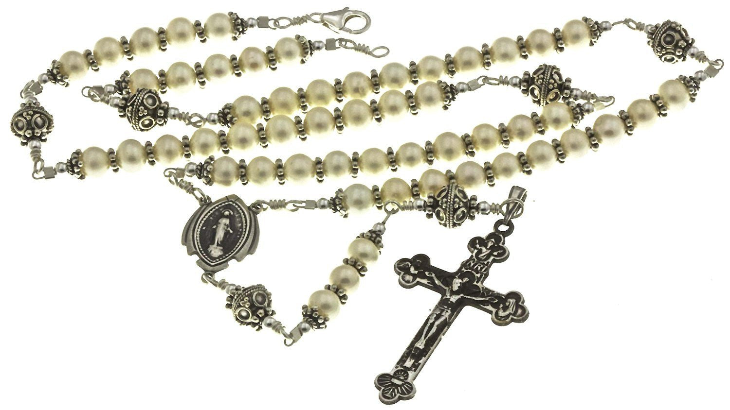 Sterling Silver Rosary Necklace Freshwater-Cultured Pearl 6mm, Crucifix & Miraculous Medal