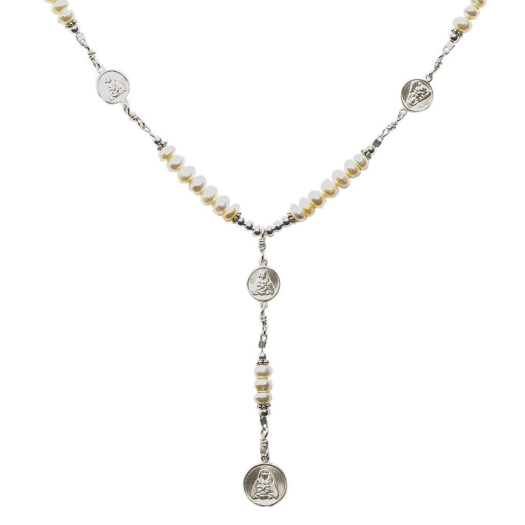 Sterling Silver 7 Sorrows Rosary Medal Set Pearl Necklace - 7 Sorrows ...