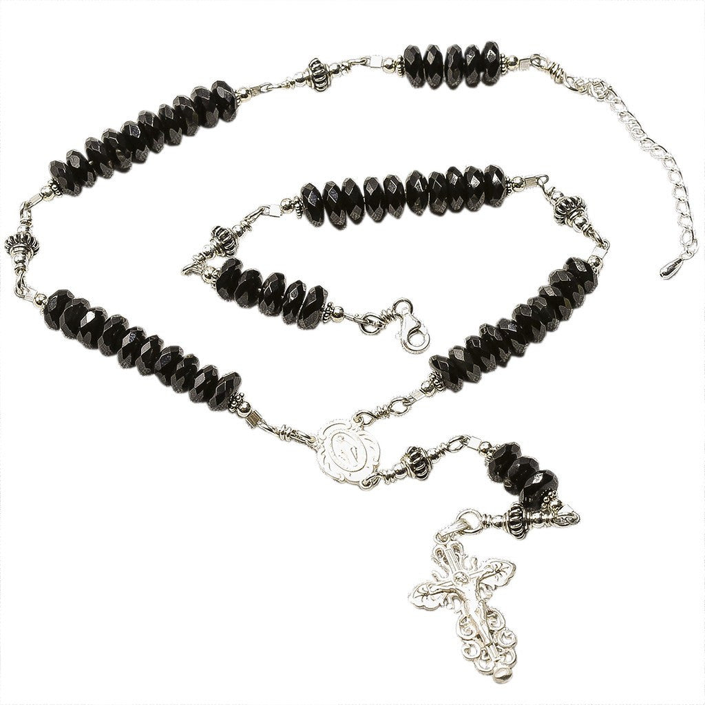 Sterling Silver Rosary Necklace Faceted Onyx 6mm, Crucifix & M. Medal, 17"