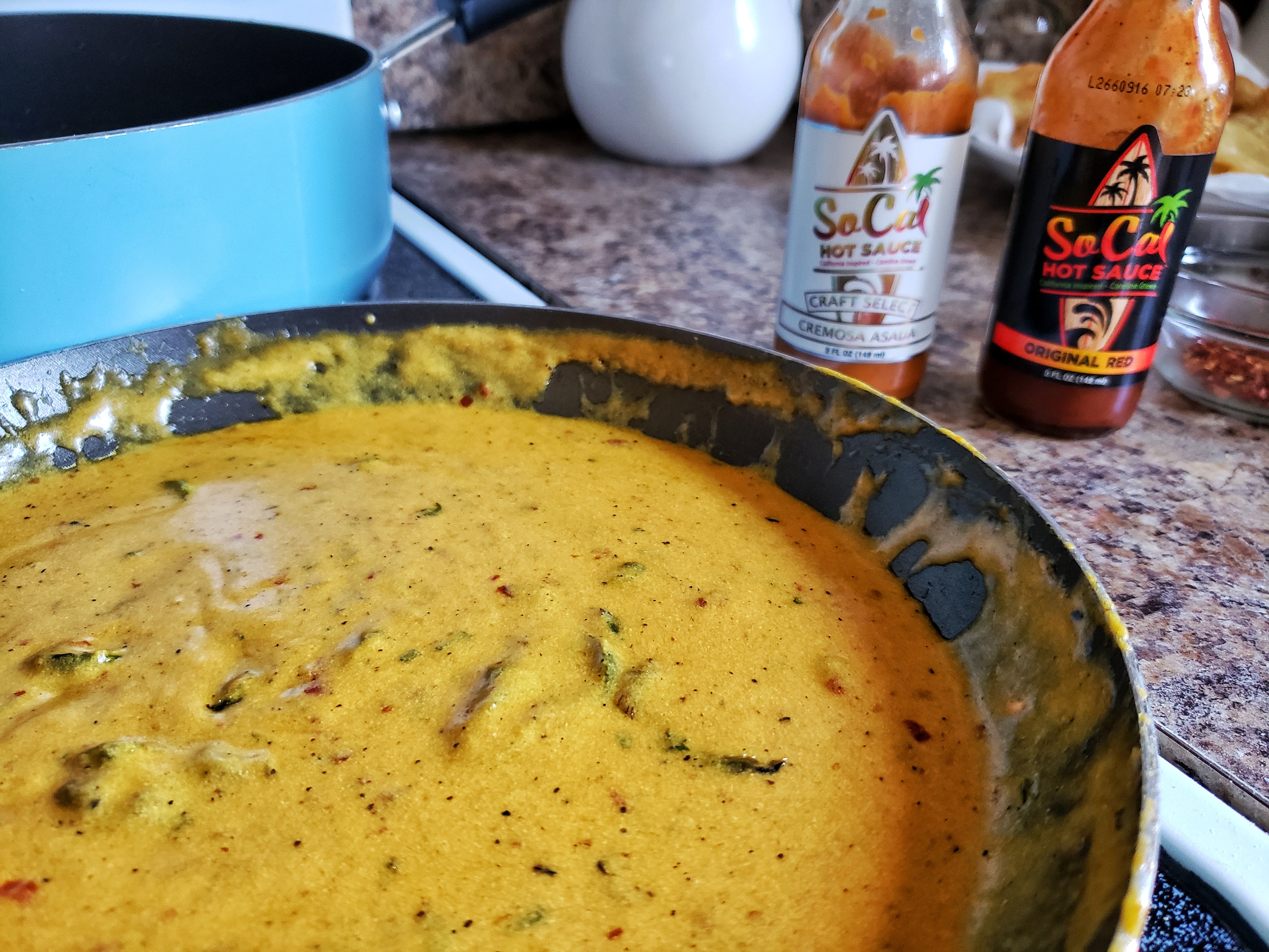 Roasted jalapeno creamy cheese sauce with SoCal hot sauce - recipe