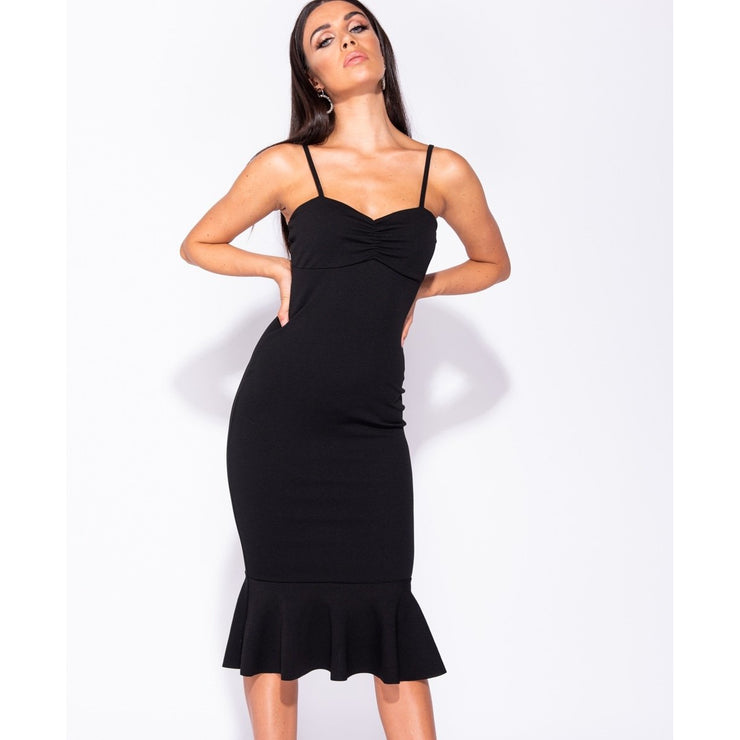 spaghetti strap black midi dress