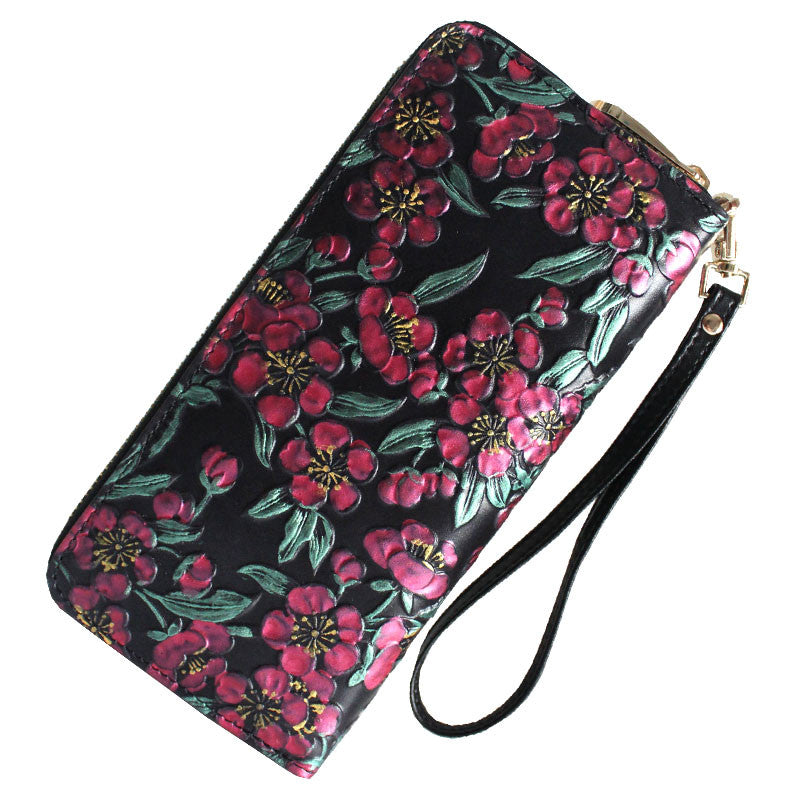 Handmade leather long women painted floral tooled wallet zip clutch wa – Evergiftz