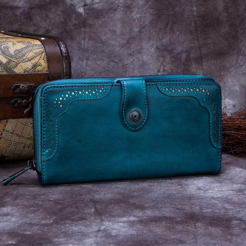 Blue Leather Zip Wallet Women&#39;s Leather Checkbook Wallet – Evergiftz