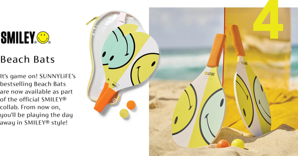 <fort>4. Raquettes de plage SMILEY®</strong><br />C'est parti ! Les chauves-souris de plage les plus vendues de SUNNYLiFE sont désormais disponibles dans le cadre de la collaboration officielle SMILEY®. À partir de maintenant, vous jouerez toute la journée dans le style SMILEY® !