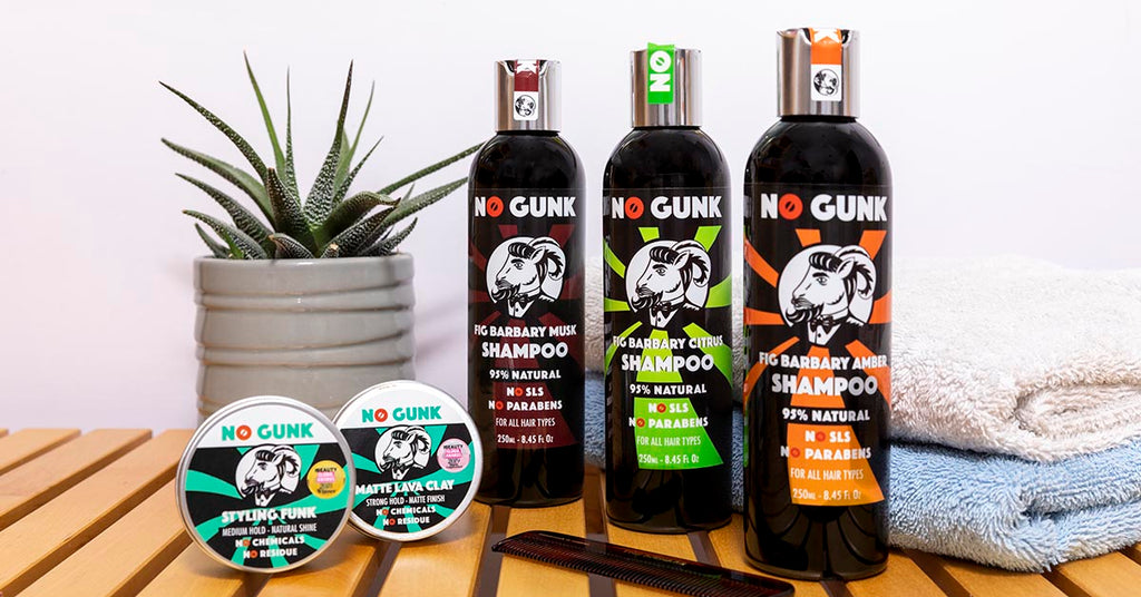 NO GUNK's natural & organic grooming products for men - Styling Funk hair wax, Matte Lava Hair Clay, and nourishing Natural Shampoo