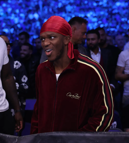 KSI in an Only the Blind Velour tracksuit at his weigh in for his fight against Joe Ferrier