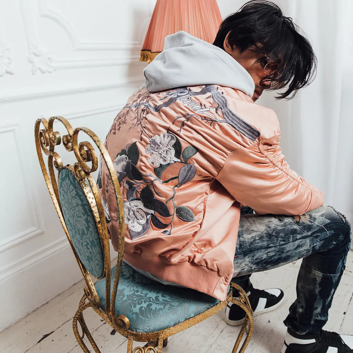 Signature Satin Peach Embroidered Bomber Jacket