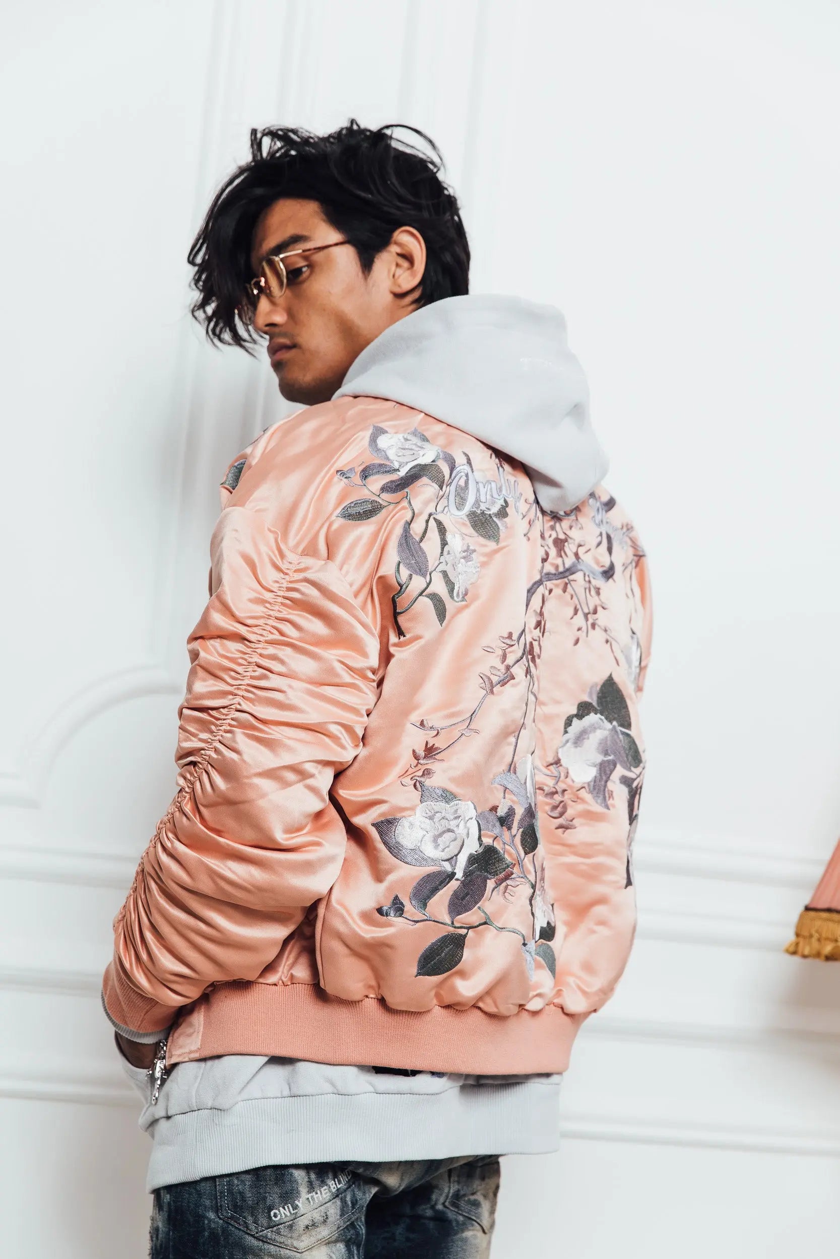 Signature Satin Peach Embroidered Bomber Jacket