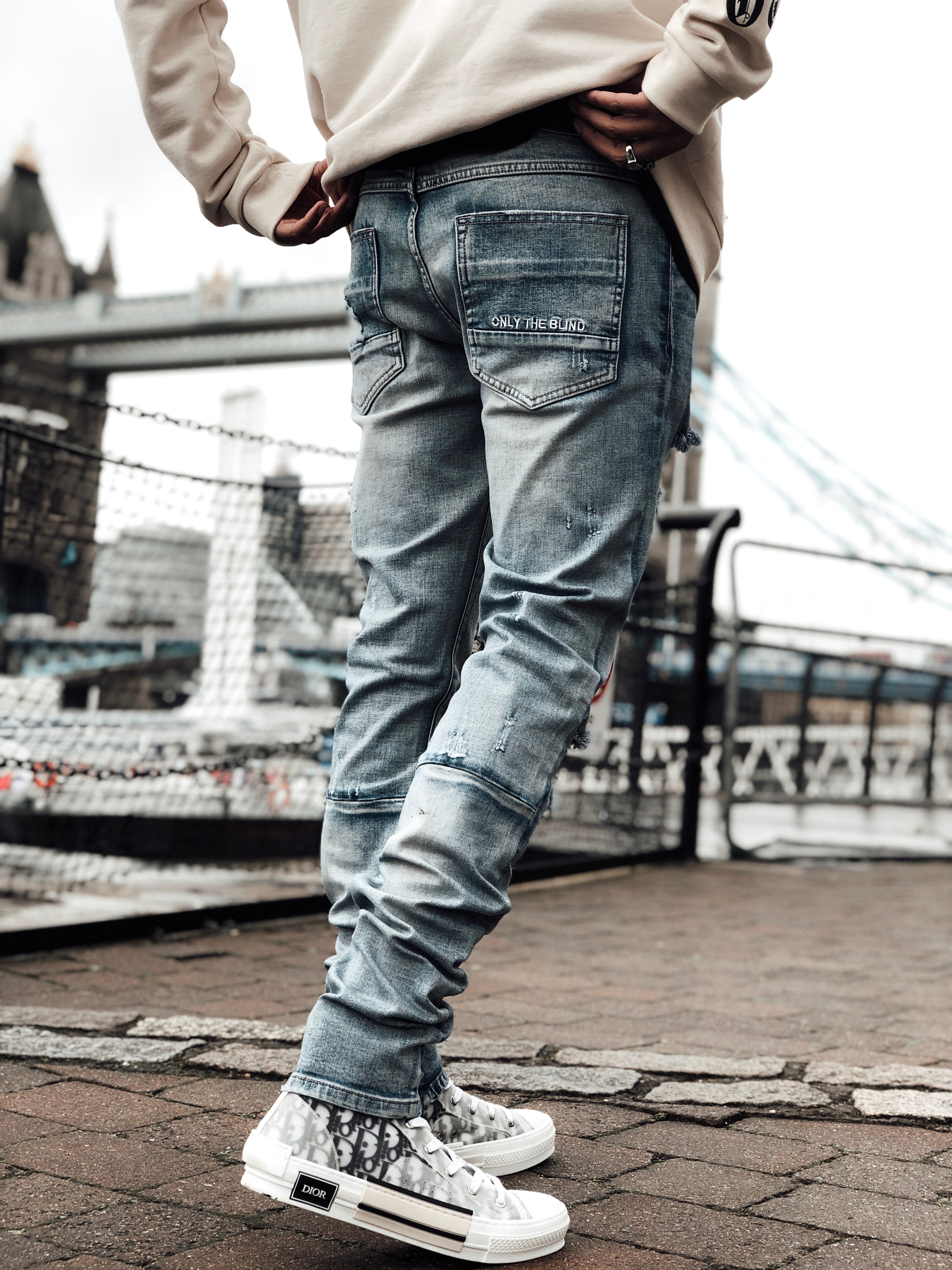 Blue Light Distressed Panel Denim