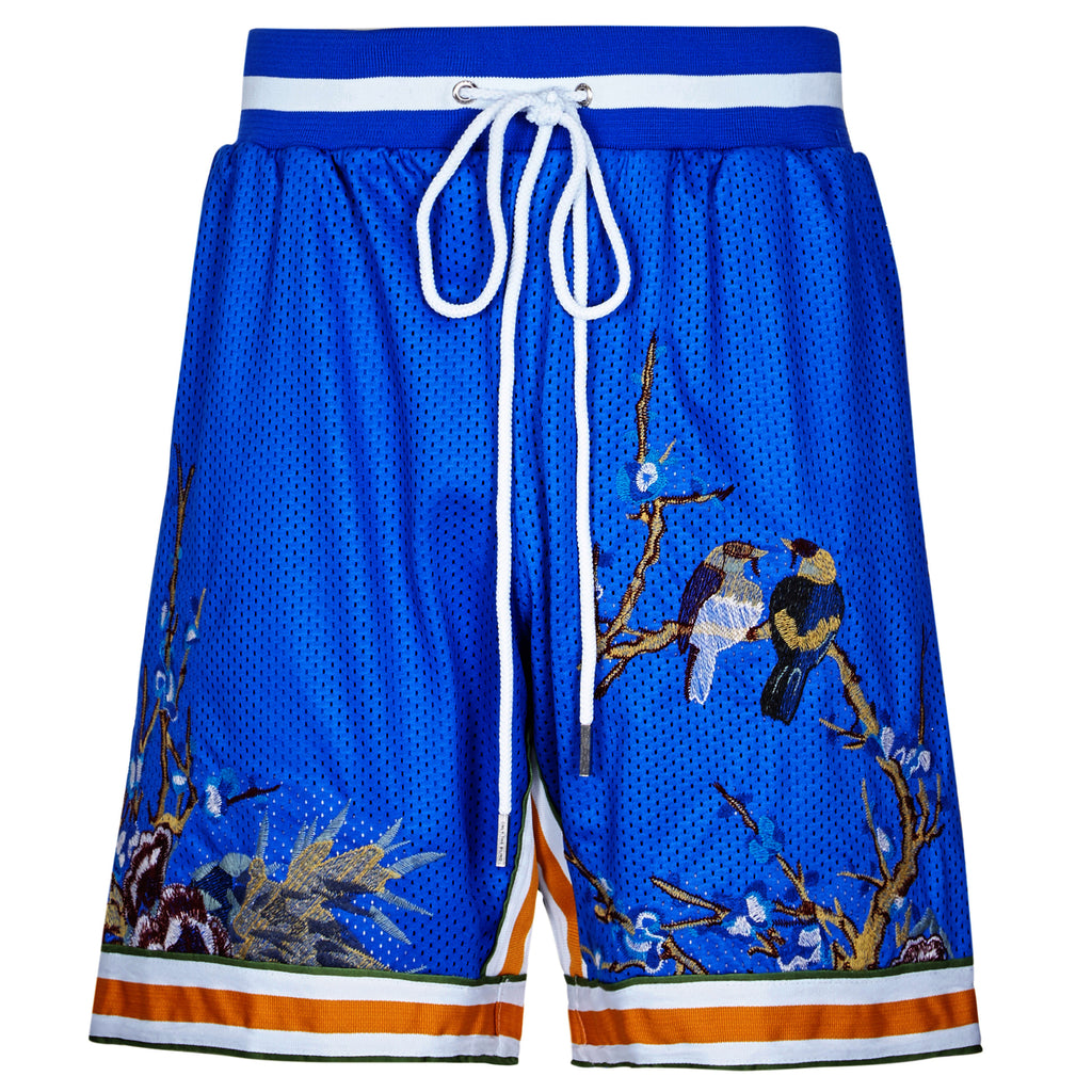 Blue Poly Cotton Floral Jersey Shorts