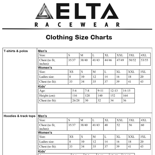 Custom Clothing Size Chart
