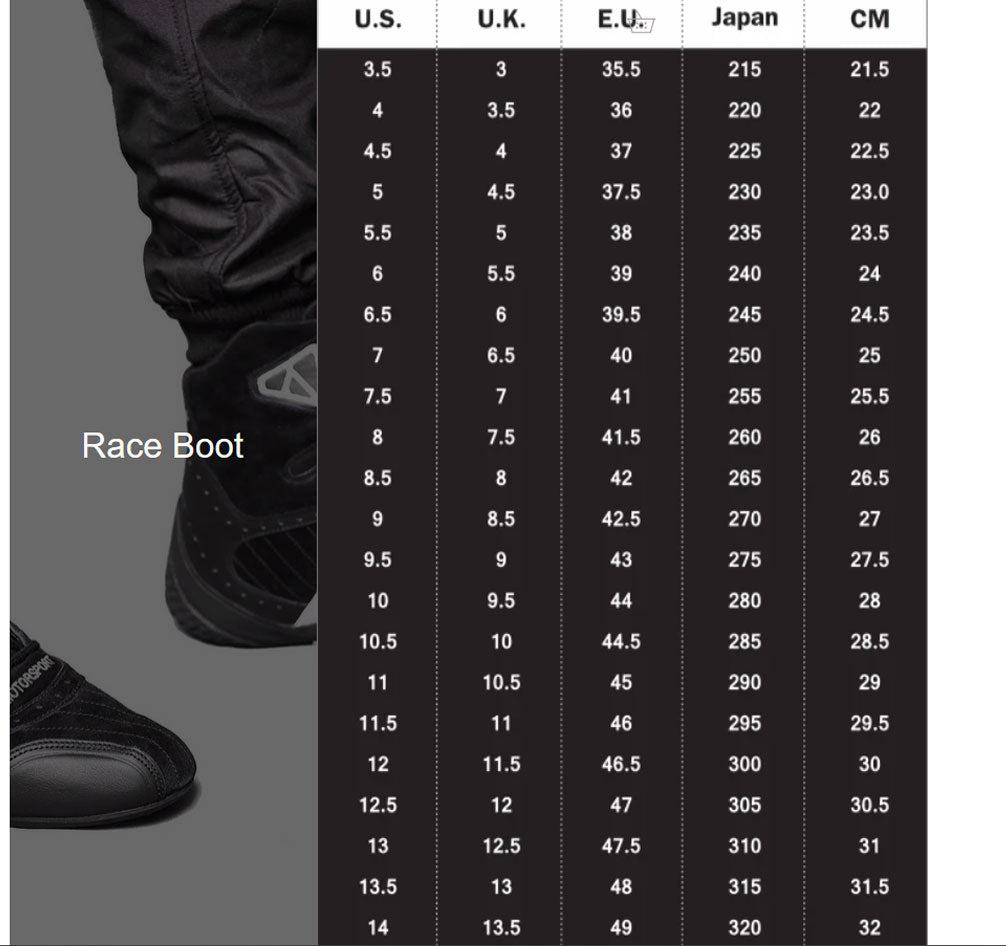 race boot sizes