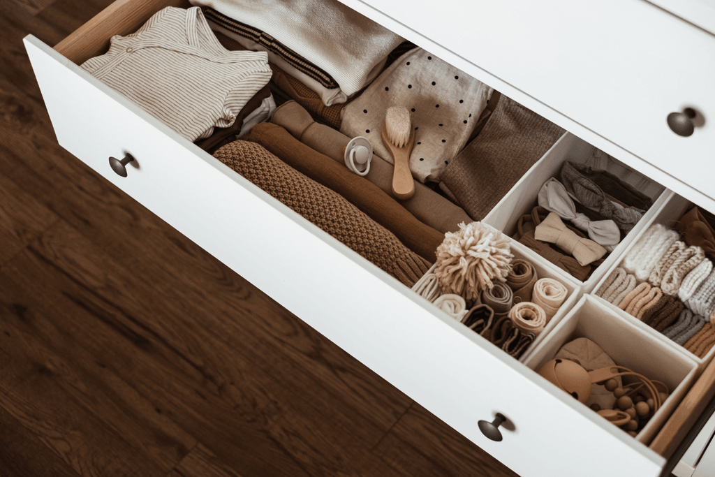 An open drawer showcasing neatly organized baby clothes and accessories..