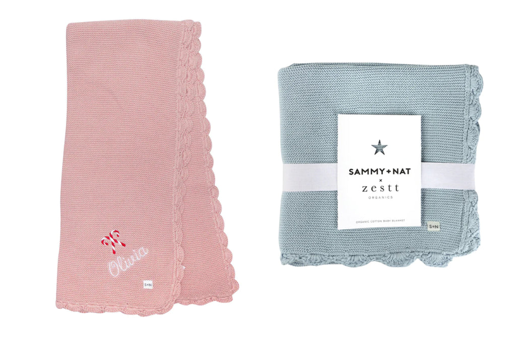 Pink baby blanket with monogrammed name Olivia and blue baby blanket.