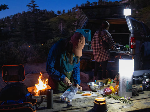 Person cutting vegetables at campsite