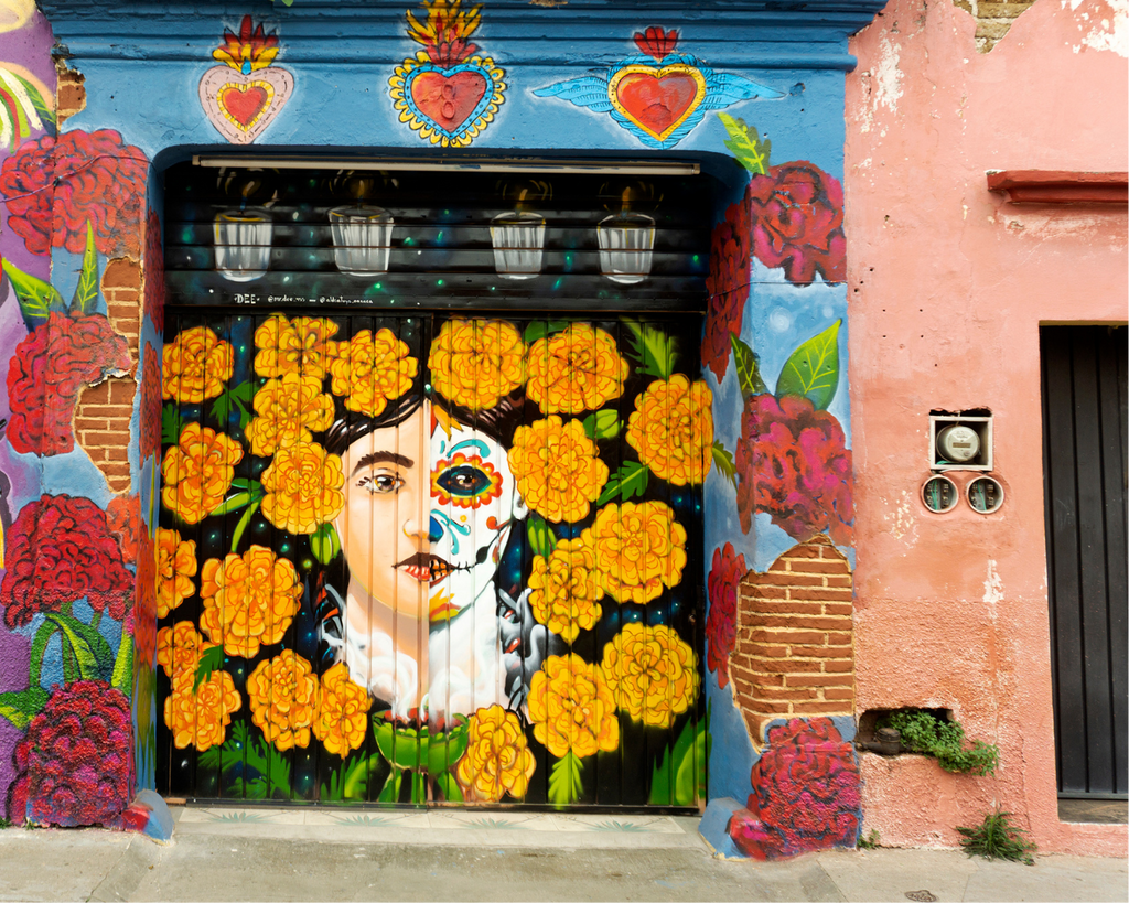 Zapotec mural marigolds Oaxaca