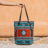 Lost Island Bucket Tote-Tote-MZ-MZ-This tote is just the right size to become your everyday bag. Run your errands, go for a night out or just pack a good book and a flask of tea. This tote will take you effortlessly from day to night while keeping you smart and stylish. The Lost Island pattern features Zapotec diamond designs in turquoise, navy and red on gray wool.